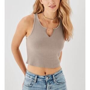 American Eagle Tan V-Neck Sleeveless Cropped Ribbed Notch Neck Shirt Women's XS